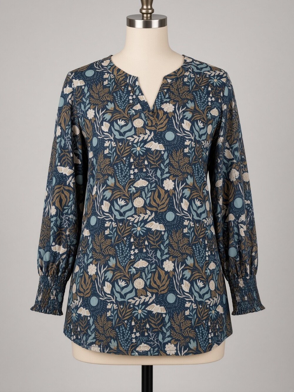 Women's Blue Floral Notch-Neck Blouse